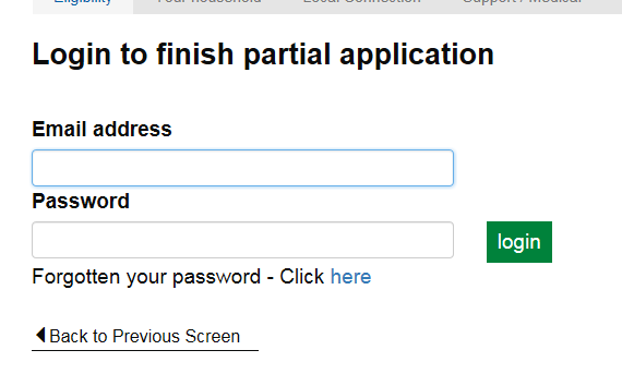 Screen shot showing where to enter email and password to finish partial application
